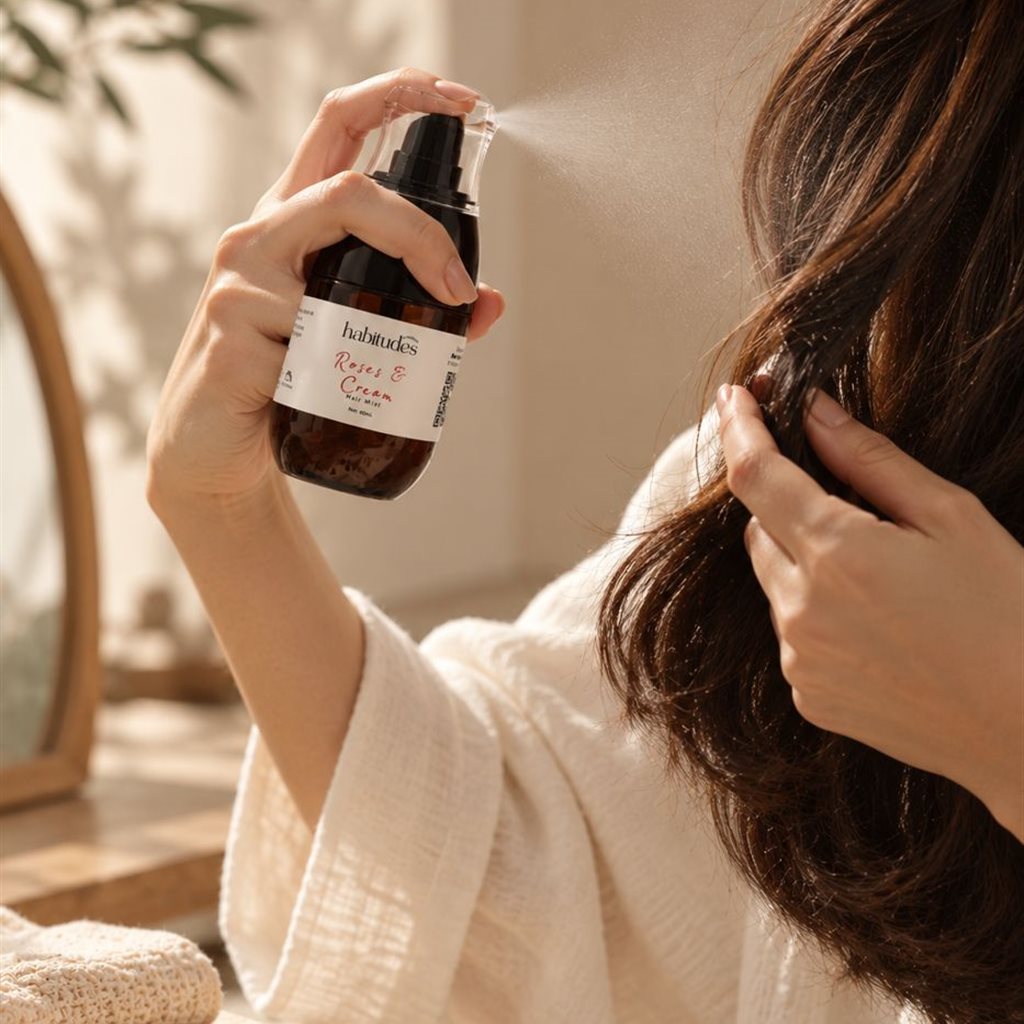 Spraying Roses & Cream Hair Mist onto the lengths of dark hair