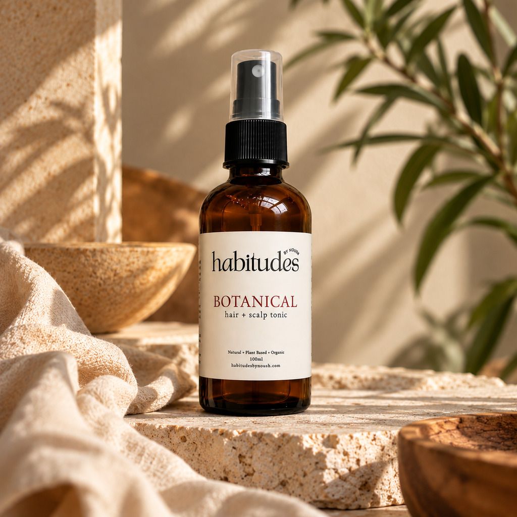 Hair + Scalp Tonic on a stone plinth in soft sunlight