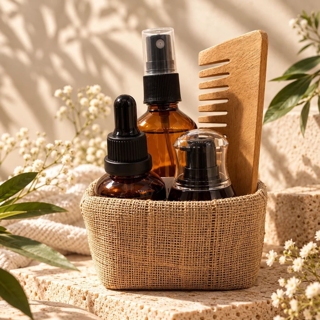 Hair Oil, Hair + Scalp Tonic, Hair Mist and Neem Comb in a woven basket